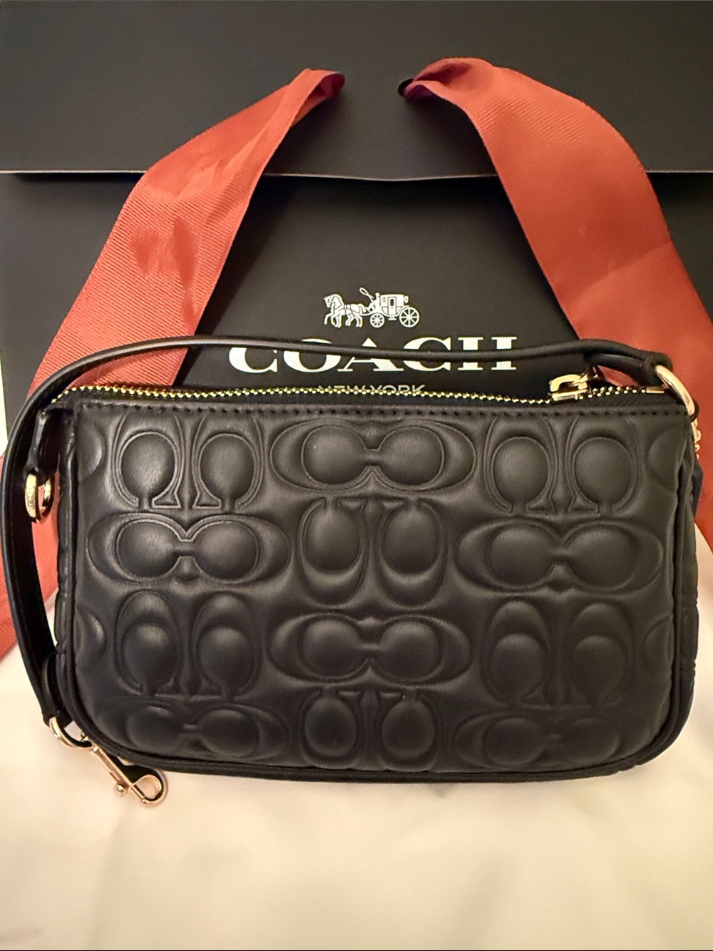 🖤💛Coach NWT Black Nolita 19 In Signature Embossed Leather With Gold Hardware - Picture 8 of 10